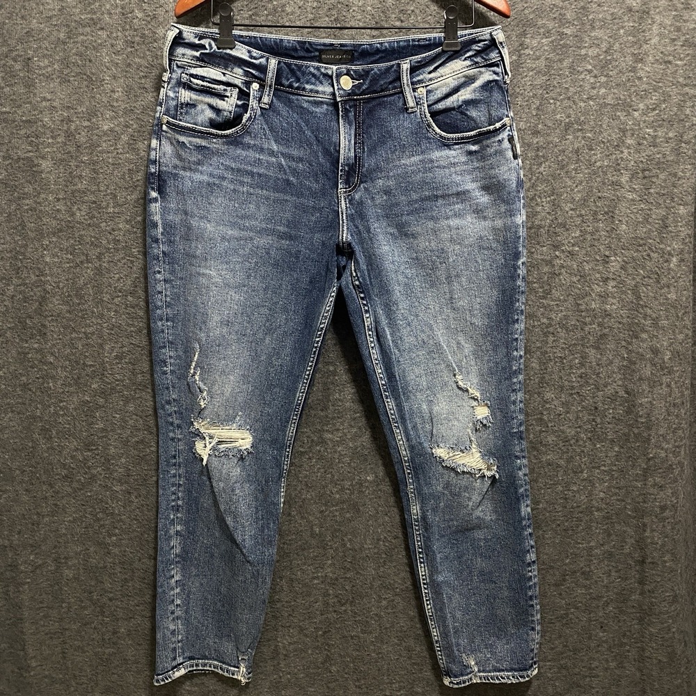 Silver Jeans Womens 32x29 Blue Boyfriend Ankle Distressed Mid Rise Stretch Denim